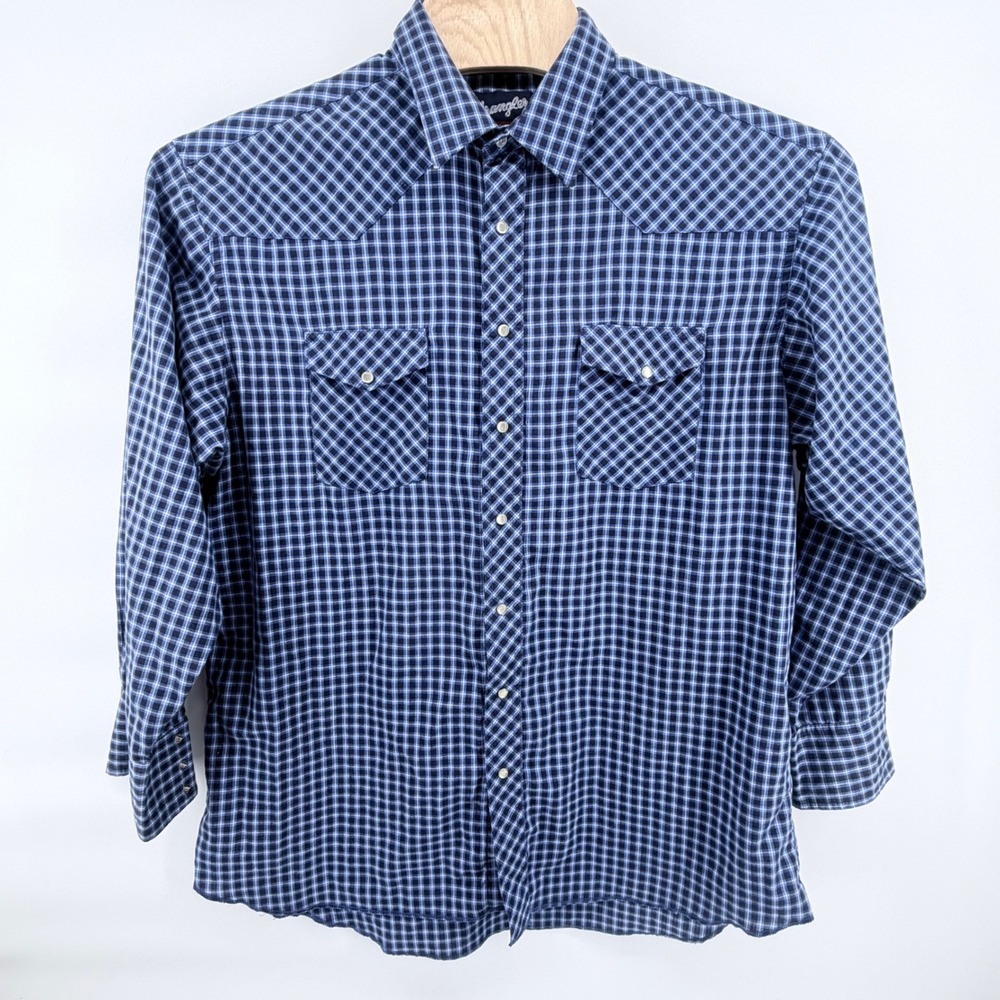 Wrangler Western Shirt Mens XL Blue Plaid Pearl Snap X-Long Tails Long Sleeve